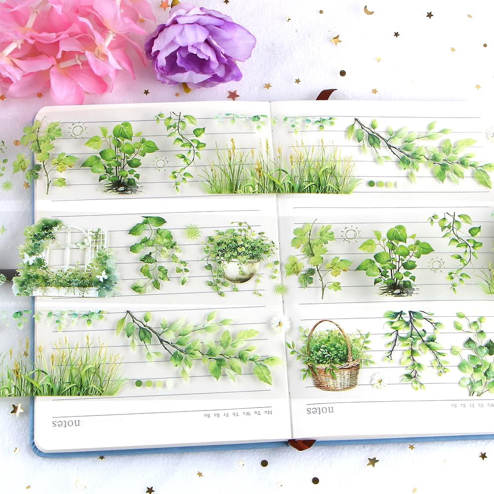 2m/Roll Floral Washi Tape Green Botanical Plant Washi Tape Stickers for Journaling Transparent Flower Washi Tapes PET Tape Washy Tape Decorative Masking Tape Decorative Tape for Crafts Scrapbooking