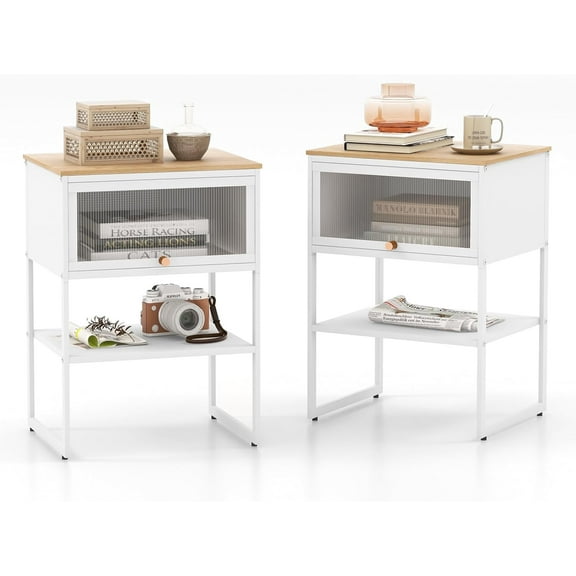 CRXX Metal End Tables Set of 2, White Nightstand with Storage, Modern Bedside Tables with Flip-up Drawer Door, Kid Nightstand, Sofa Couch Side Table for Bedroom, Living Room, Dorm, White