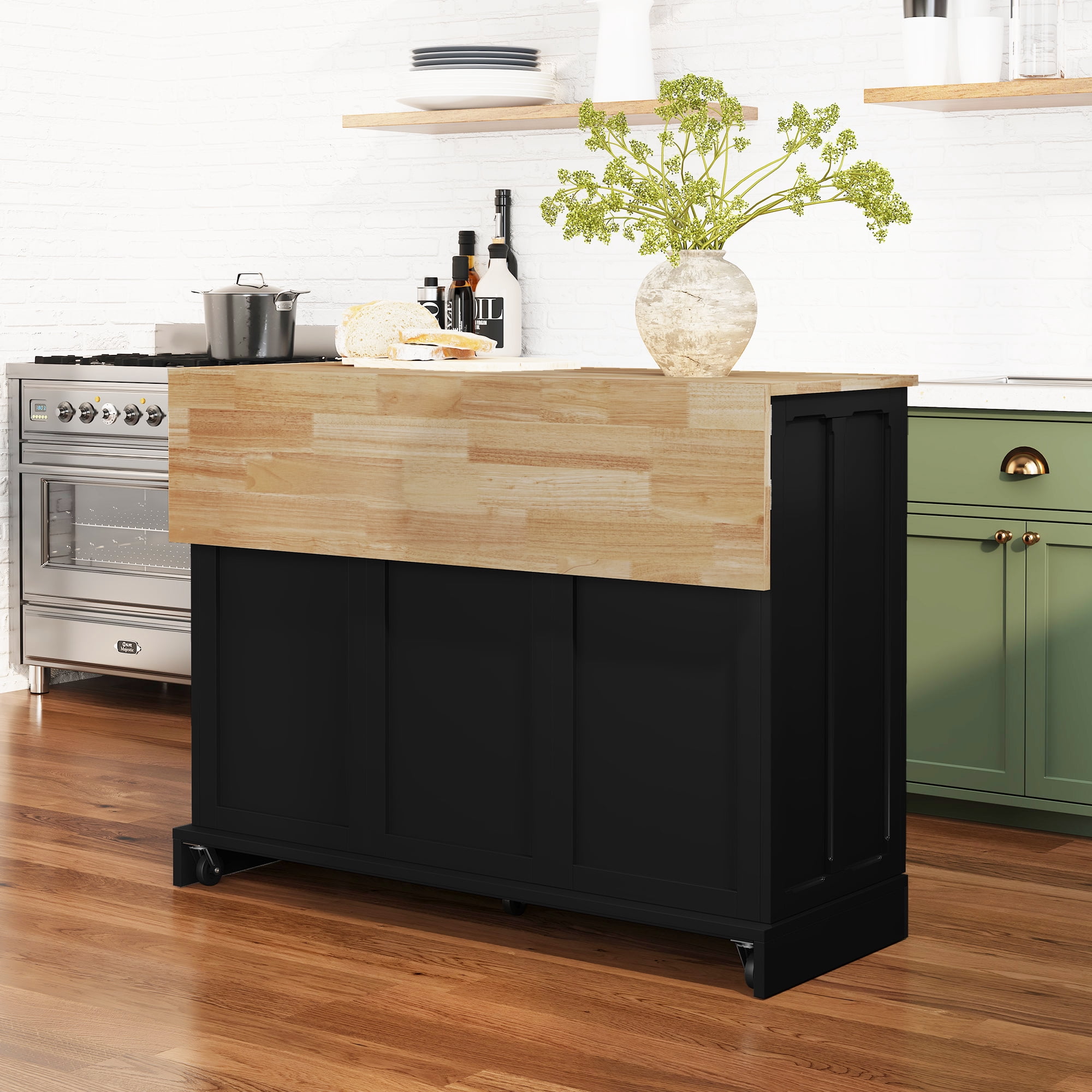 CBJCBJ 47.2" Modern Rolling Kitchen Island with Drop Leaf, Kitchen Cart with Storage, Black