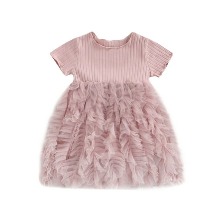 

Karuedoo Little Girls Party Princess Dress Short Sleeve Ribbed Stitching Fluffy Hem Summer Casual A-Line Dresses Pink 1-2 Years