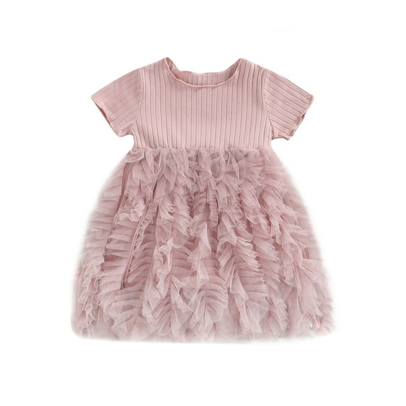 Bagilaanoe Little Girls Summer Princess Dress Short Sleeve Ribbed Stitching Fluffy Hem Casual A-Line Party Dress