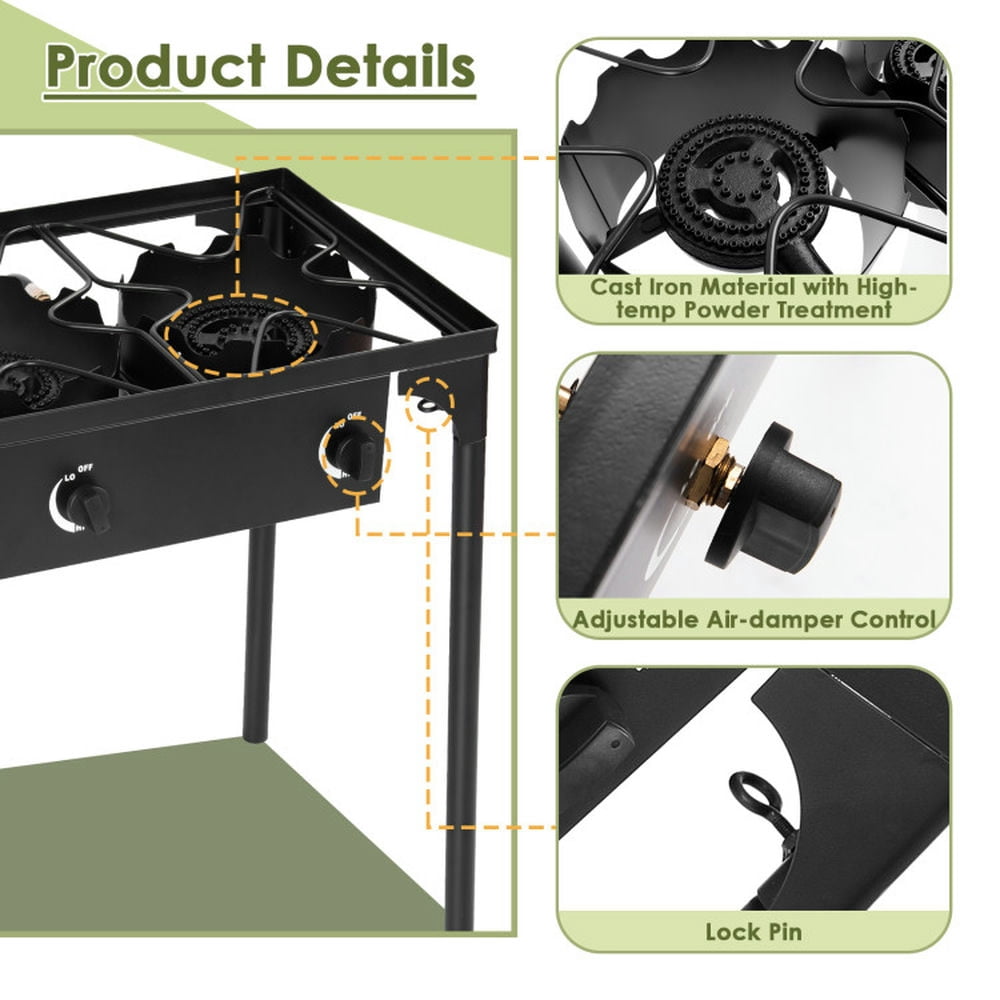 Spaco 225 000-BTU Portable Propane 3 Burner Gas Cooker, Camp Stove for Outdoor Cooking