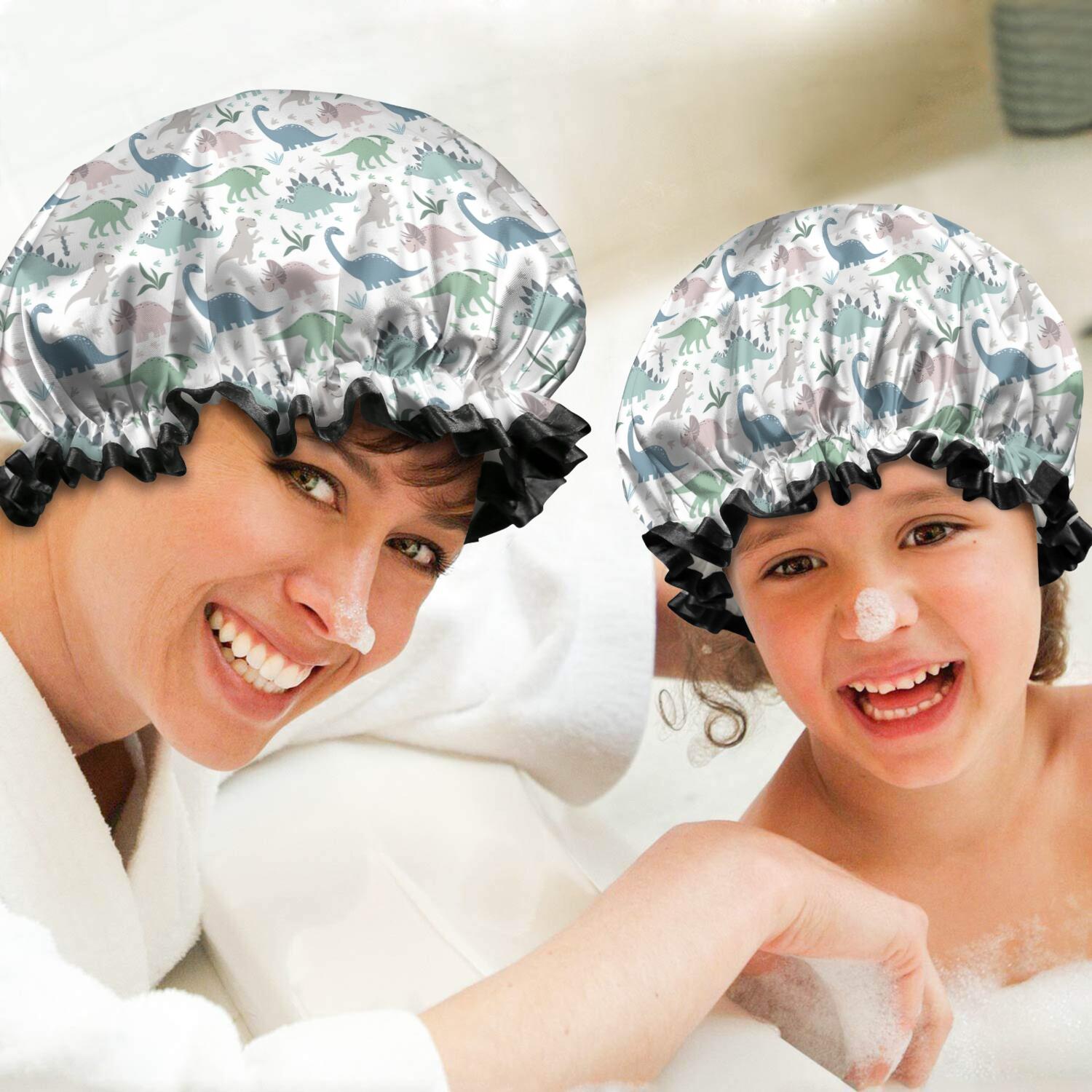 Shower Caps,Light Dinosaurs Pastel Pattern Waterproof Shower Cap for Women 4 Pieces,Double Reusable Hair Cover for Shower PEVA Elastic Stretch Hem