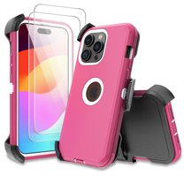 Xhy iPhone 15 Pro Max Case with Screen Protector and Belt Clip Holster Military Grade Heavy Duty 3 in 1 Shockproof Armor for iPhone 15 Pro Max 6.7 inch 2023 Phone - Rose Red White