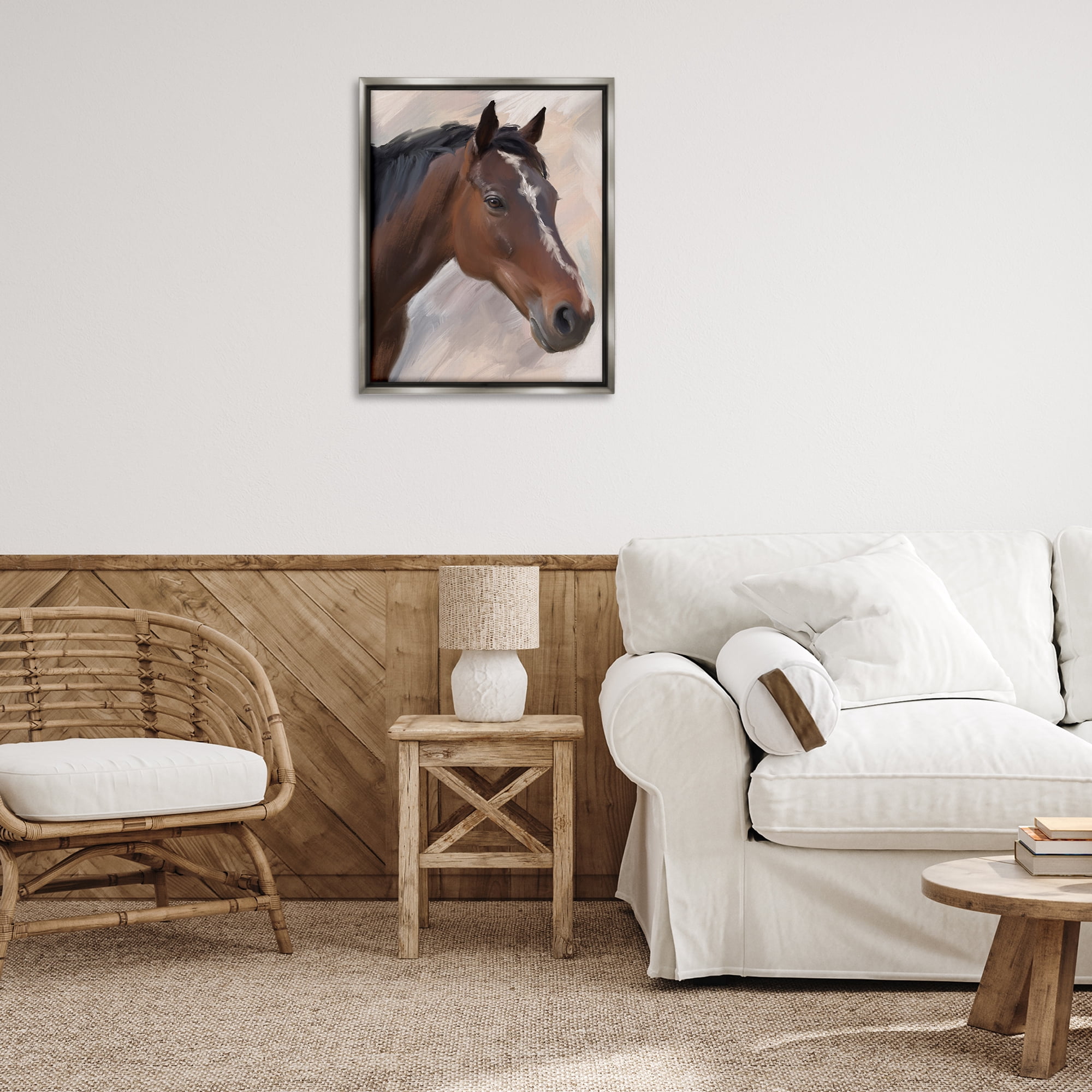 Stupell Industries Brown Farm Horse Animals Painting Gray Floater Framed Canvas Art Print Wall Art, 25 x 31