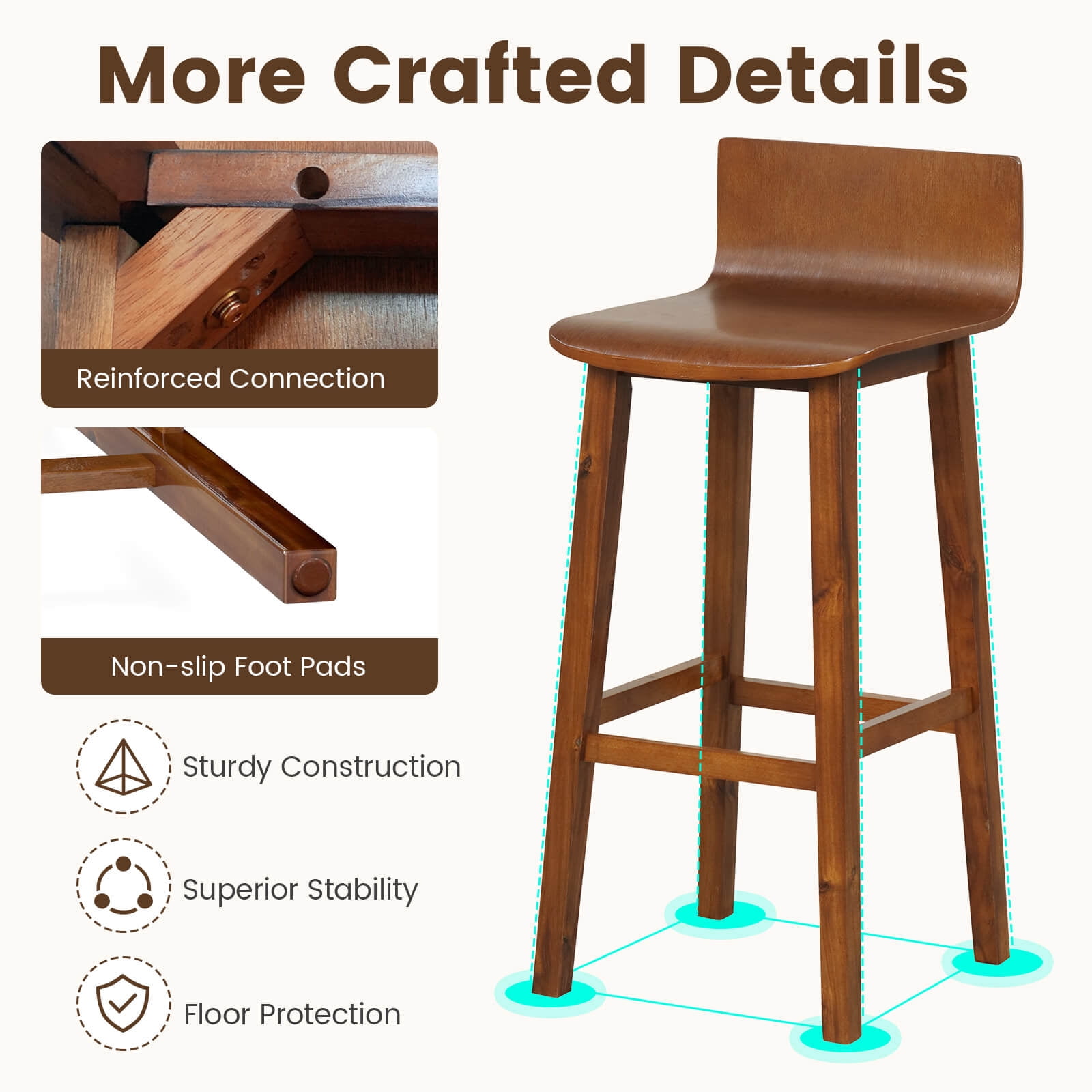 Costway 29" Wood Bar Stools Set of 4 with Solid Back & Seat Mid Century Bar Chairs