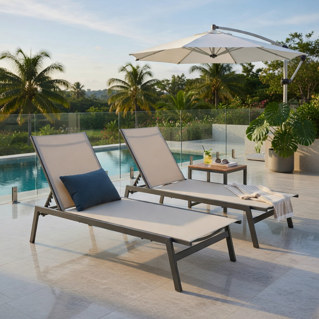 Hommoo 6-Position Adjustable Outdoor Chaise Lounge Chair, Rustproof Steel Frame, Quick-Drying Fabric, Brown