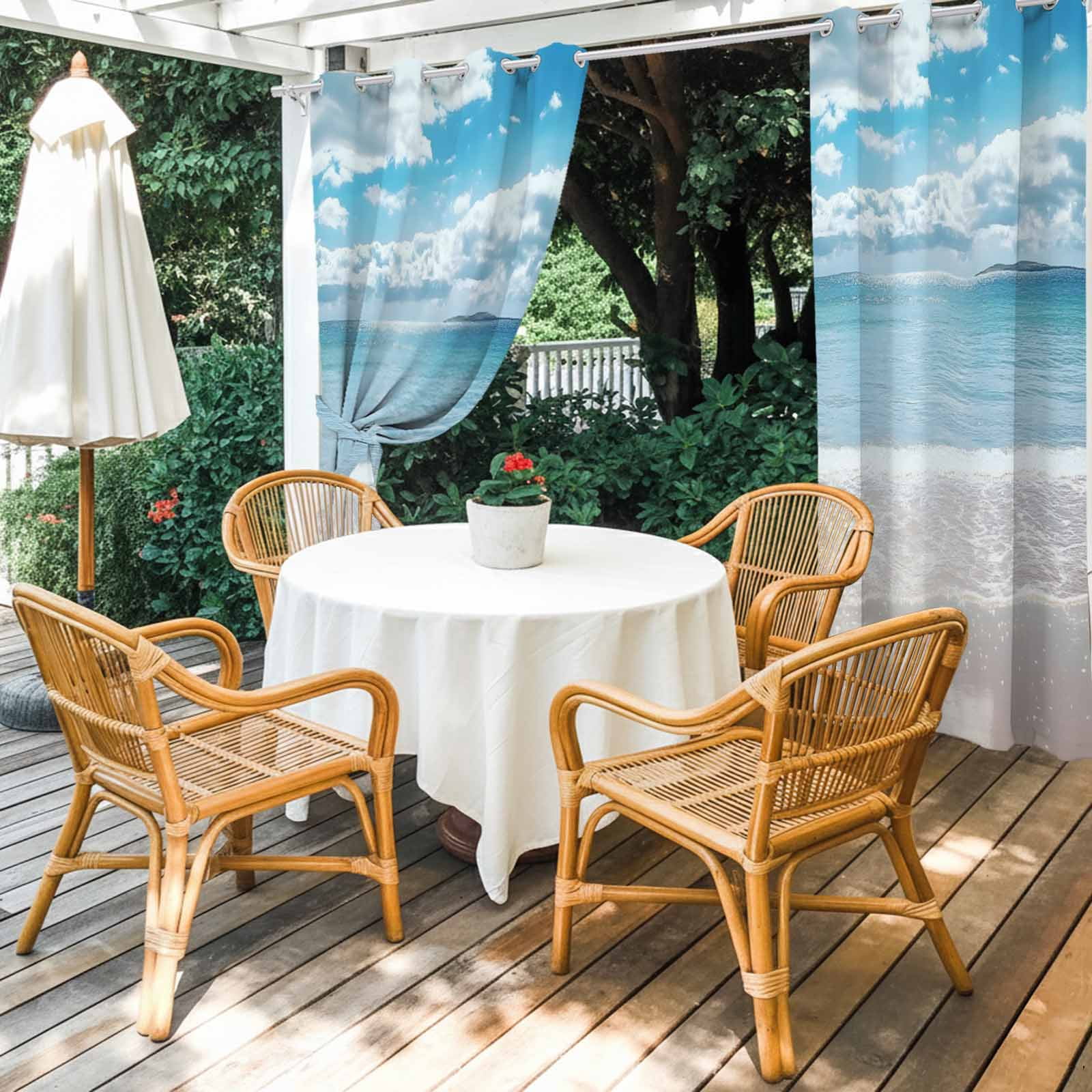 Ocean Beach Outdoor Curtains for Patio Waterproof,Windproof Privacy Curtains with Weighted Bottom,Natural Blue Sea Waves Sky Cloudy Scenery Outside Drapes for Picnic Garage Yard 54"x84" 2 Panel