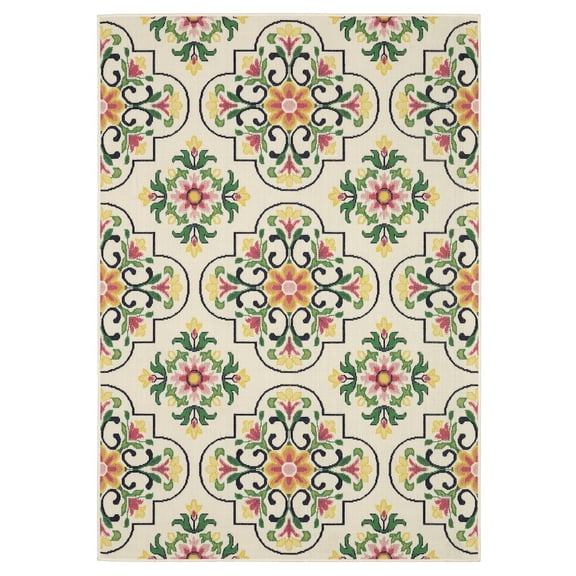 Oriental Weavers Havana Indoor/Outdoor Rug - HAV04 - 5'3" x 7'3" - in Ivory/ Multi - Preppy Cottage Style, Water, Stain and Fade Resistant, Hose Clean, Patio, Outdoor Living Area Rug