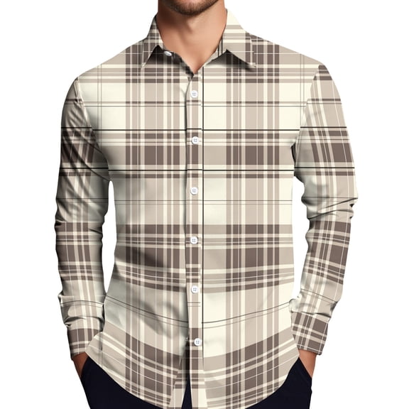 Dwelliawo Men's Shirt Plaid Button Down Shirt Long Sleeve Flannel Shirts Retro Loose Shirt Casual Tops with Pocket Beige XL