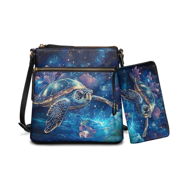LedBack Sea Turtle Crossbody Hobo Bag with Wallet Set Floral Print Crossbody Purse Clutch for Women Ladies Waterproof Shoulder Handbag Set for Shopping Walking, Blue