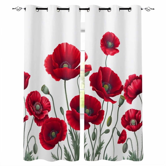 Red Poppy Blackout Curtains for Bedroom/Living Room, Thermal Insulated Kitchen Curtains, Spring Summer Farmhouse Flowers Watercolor Grommet Darkening Window Treatment Drapes 42"x84"x2