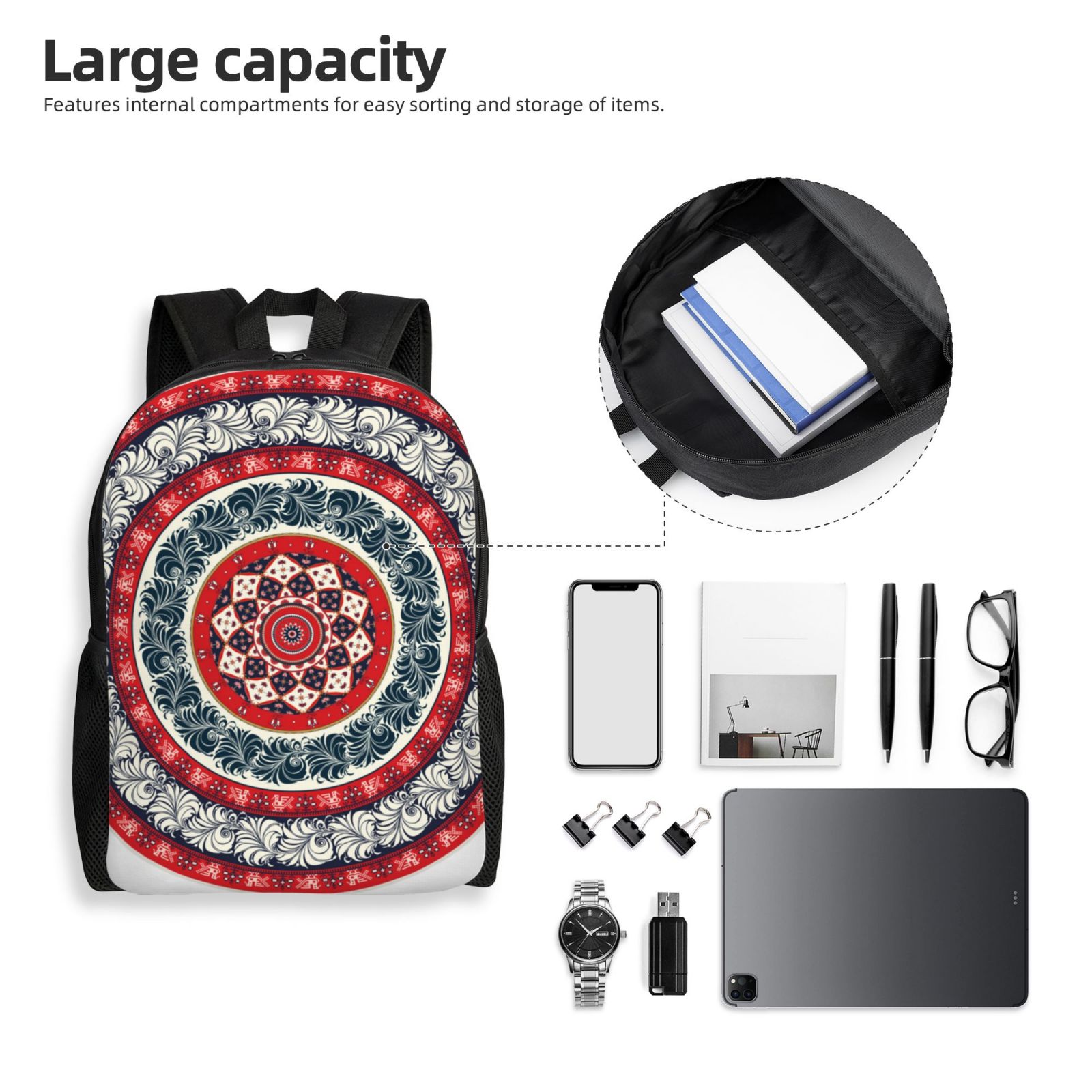 Xecao Round Design Print School Backpack with Laptop Compartment Small Travel Laptop Backpack for Women Men Waterproof College Backpack Simple School Bag