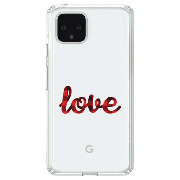 DistinctInk Clear Shockproof Hybrid Case for Google Pixel 4 XL (6.3" Screen) - TPU Bumper Acrylic Back Tempered Glass Screen Protector - Buffalo Love - Red Black Plaid