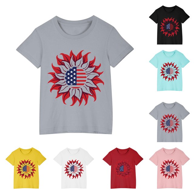 MKOSPLRT T-Shirt Drapeau des États-Unis pour Fille Garçon Manches Courtes Col Rond T-Shirts à Fleurs T-Shirts Graphiques Fête de l'Indépendance Cadeaux Joyeuse Journée du Souvenir