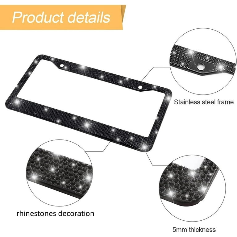 Bling License Plate Frames 2 Black Metal Diamond - Glitter Rhinestone Crystal Design Black Rhinestone License Plate Frame - Foto 3