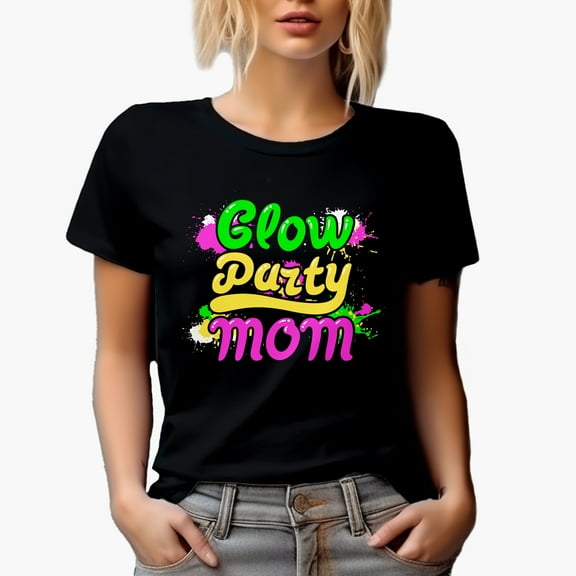 Glow Party Mom, Mother's Day or Birthday, Black T-Shirt, Small