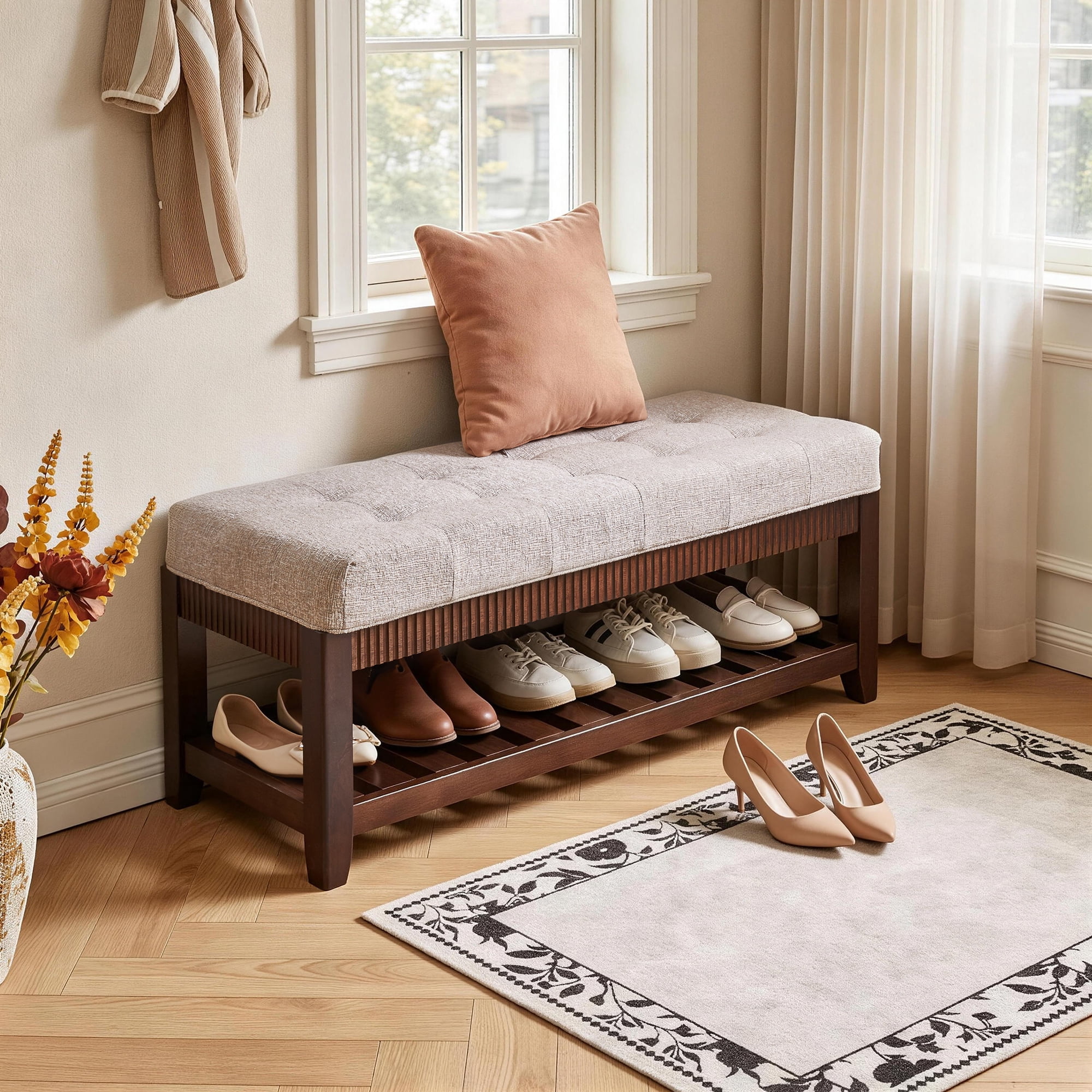 Solid Rubber Wood Entryway Bench with Padded Cushion and Shoe Rack, Ash Brown