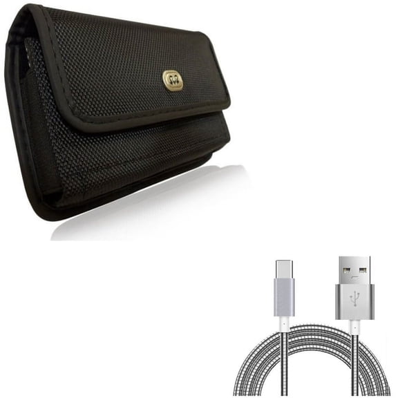 Type-C 6ft Metal USB Cable w Holster Rugged Case Belt Clip R5Q for Acer Liquid Jade Primo - Alcatel Idol 4S - ASUS ROG Phone, ZenFone AR 6 4 Pro - Blackberry Motion - BLU G9, Vivo XI Plus