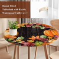 thumbnail image 4 of Orange Pumpkins Round Tablecloth, Fitted Table Cover with Elastic for 36"-44" Round Tables, Farmhouse Botanical Leaves Wooden Vintage Table Cloth Outdoor Indoor Dinning Party Waterproof Tablecloths, 4 of 7