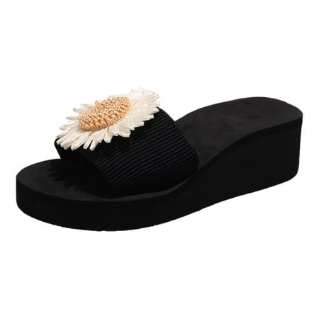 

Mackneog Summer Women Slippers Thick Soles Wedge Heels Open Toe Slip On Light And Comfortable Solid Color Sunflower Casual Style Women s slipper Black 39 Gift on Clearance