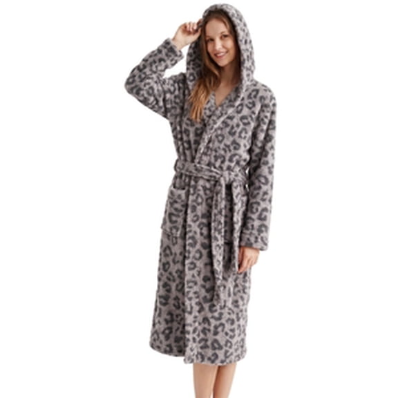 U2SKIIN Womens Plush Fleece Robe, Leopard Print Hooded Long Bathrobe, Soft Fluffy Warm Loungewear