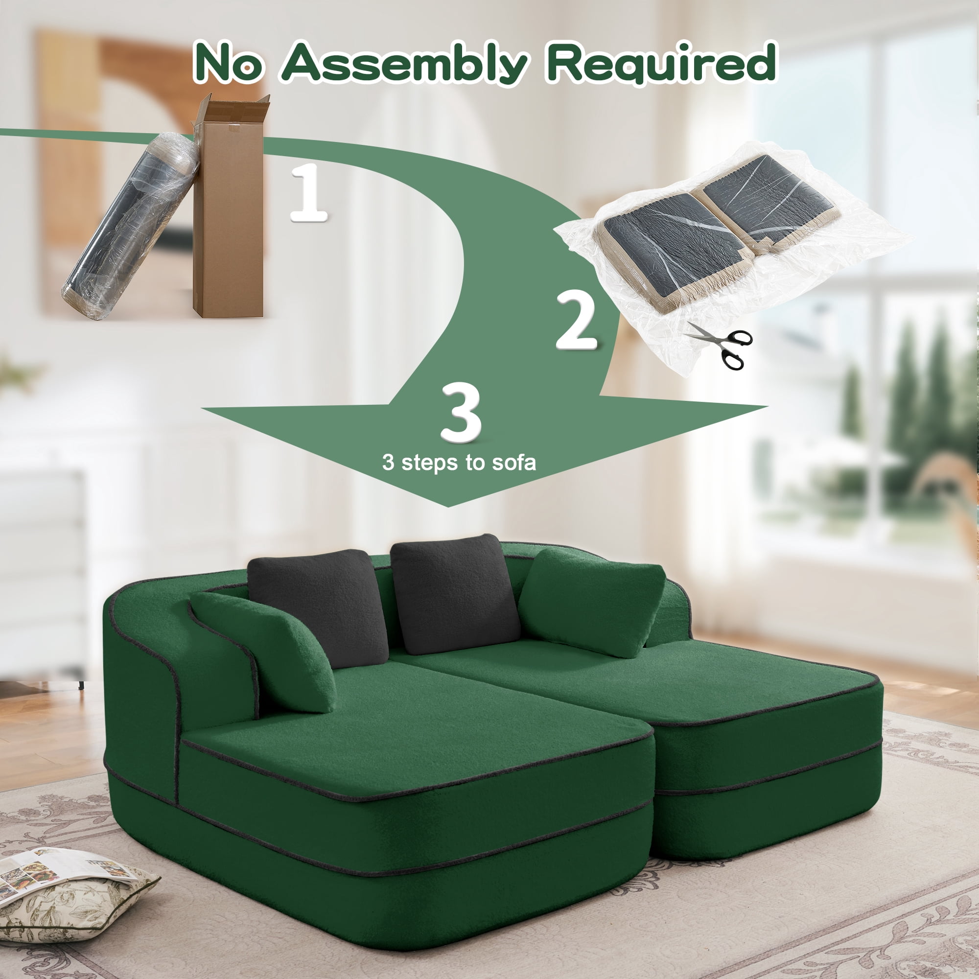106" Teddy Fabric No Assembly 32D Boneless Sofa, Comfy Couch with L-Shaped Chaise for Living Room, Green