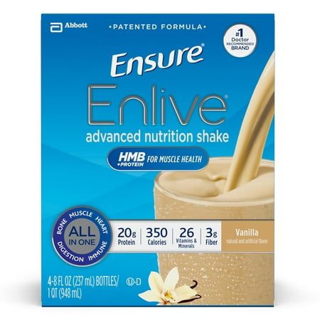 Ensure Enlive Advanced Nutrition Shake with 20 grams of High-Quality protein, Meal Replacement Shakes, Vanilla, 8 fl oz, 4