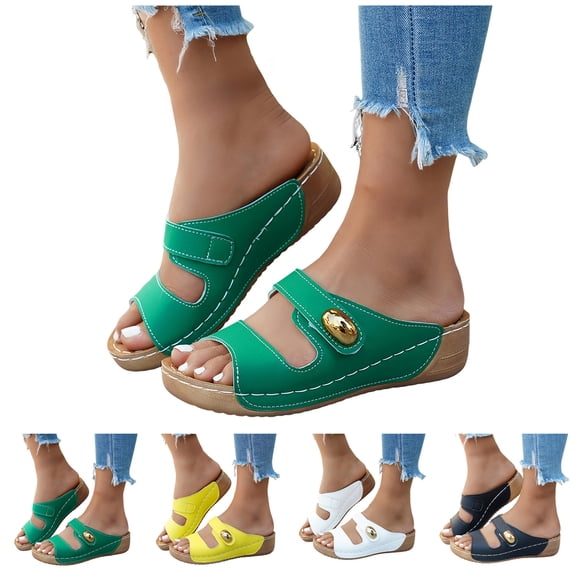 Pandaie Women Arch Support Slides Open Toe Wide Width Orthopedic Wedge Sandals Boho Comfortable Outdoor Beach Walking Shoes Black 6