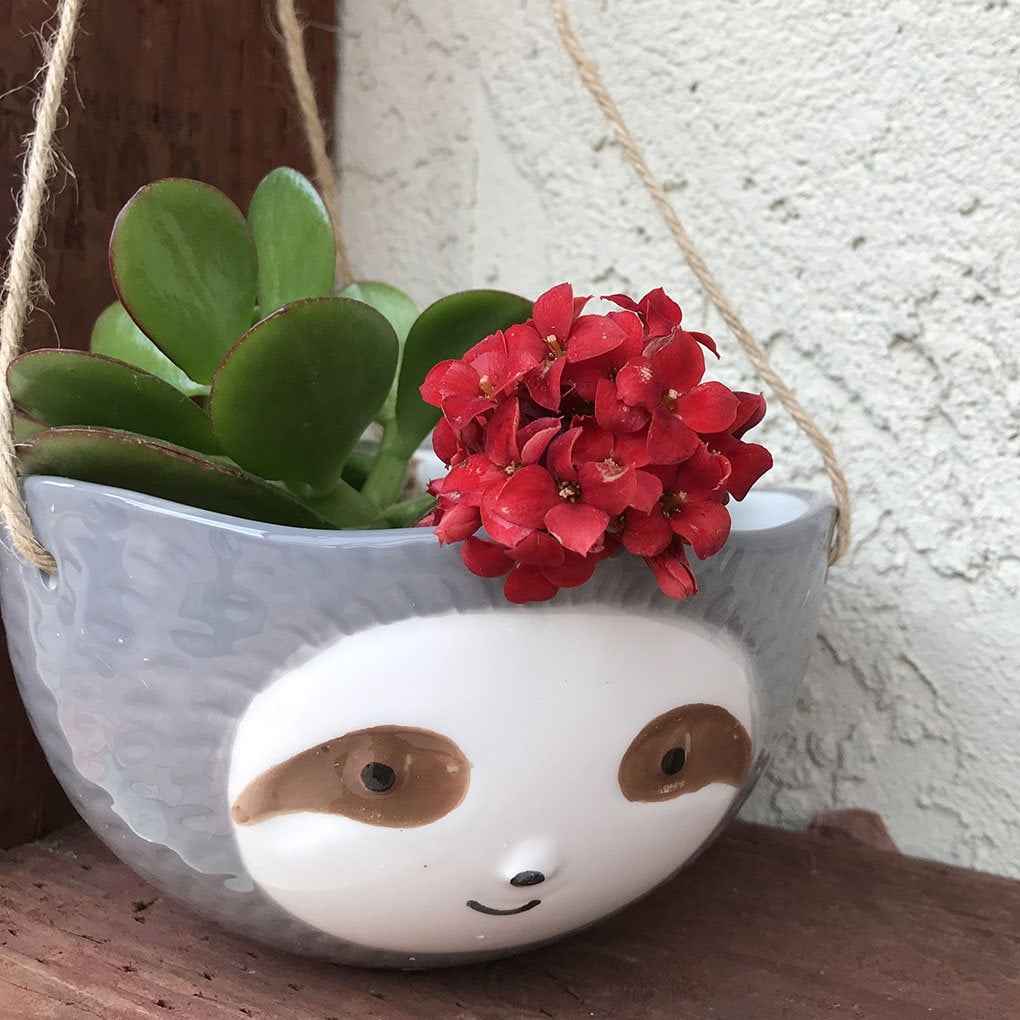 Sloth Hanging Planter  Succulent Plant Pot Indoor Outdoor Ceramic Animal Planters Pots Flowerpot Container 1, Grey-Sloth Face
