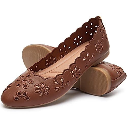 Fracora Women's Ballet Flats Black PU Leather Dress Shoes Comfortable Round Toe Slip on Flats with Floral Eyelets(Brown.US8), Size: One Size