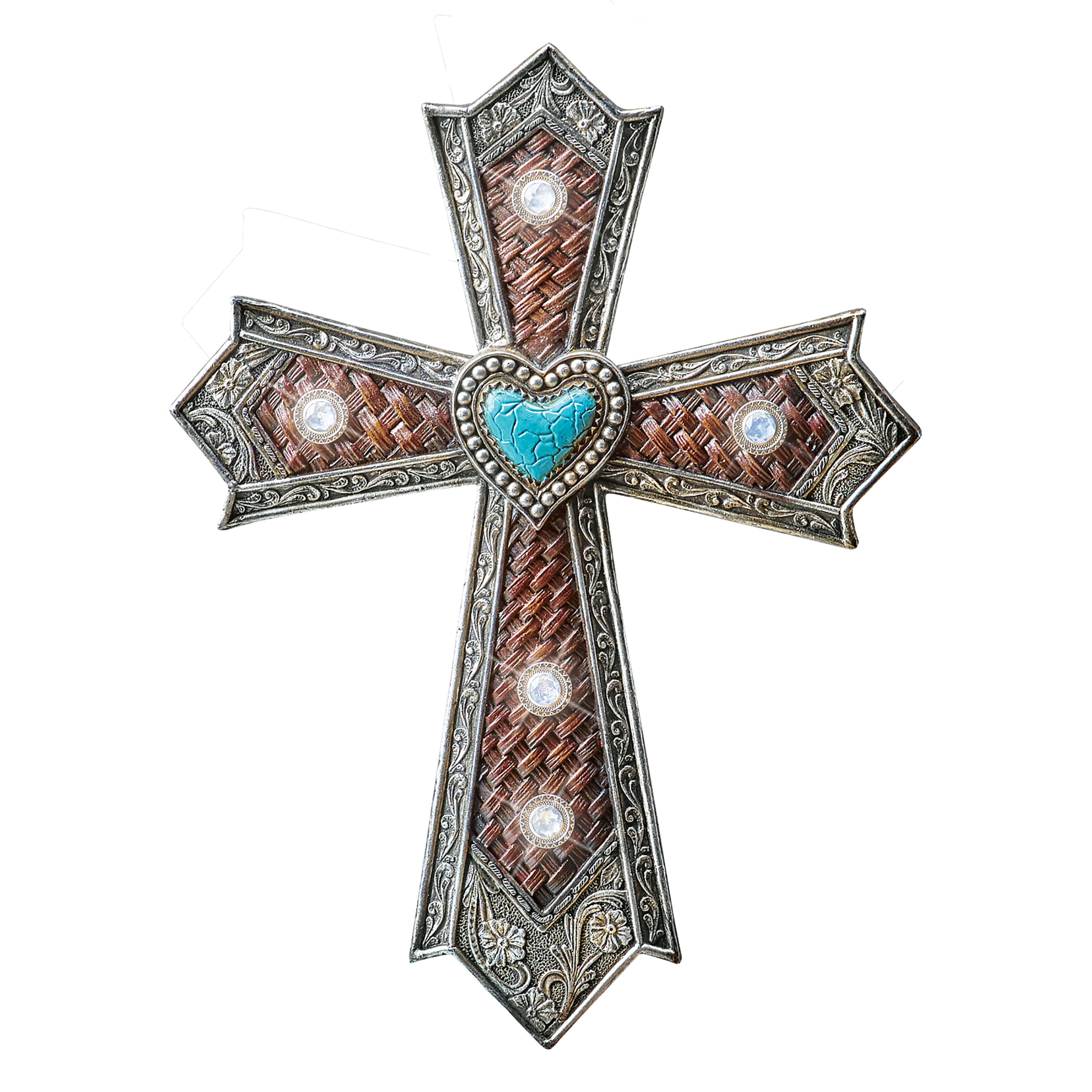 Old World Western Turquoise Cross Ornament Antique Finish Hanging Deco Set of 4 