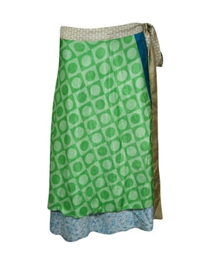 Mogul Women Green,Blue Wrap Skirt 2 Layer Printed Vintage Sari Reversible Beach Wear Magic Wrap Around Skirts