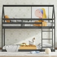thumbnail image 2 of Bellemave Twin over Twin Rubber Wood Floor Bunk Bed House-shaped Bunk Bed Loft Bed with Roof Low Bunk Bed with Ladder and Guardrails for Teens (Black, Twin over Twin), 2 of 11