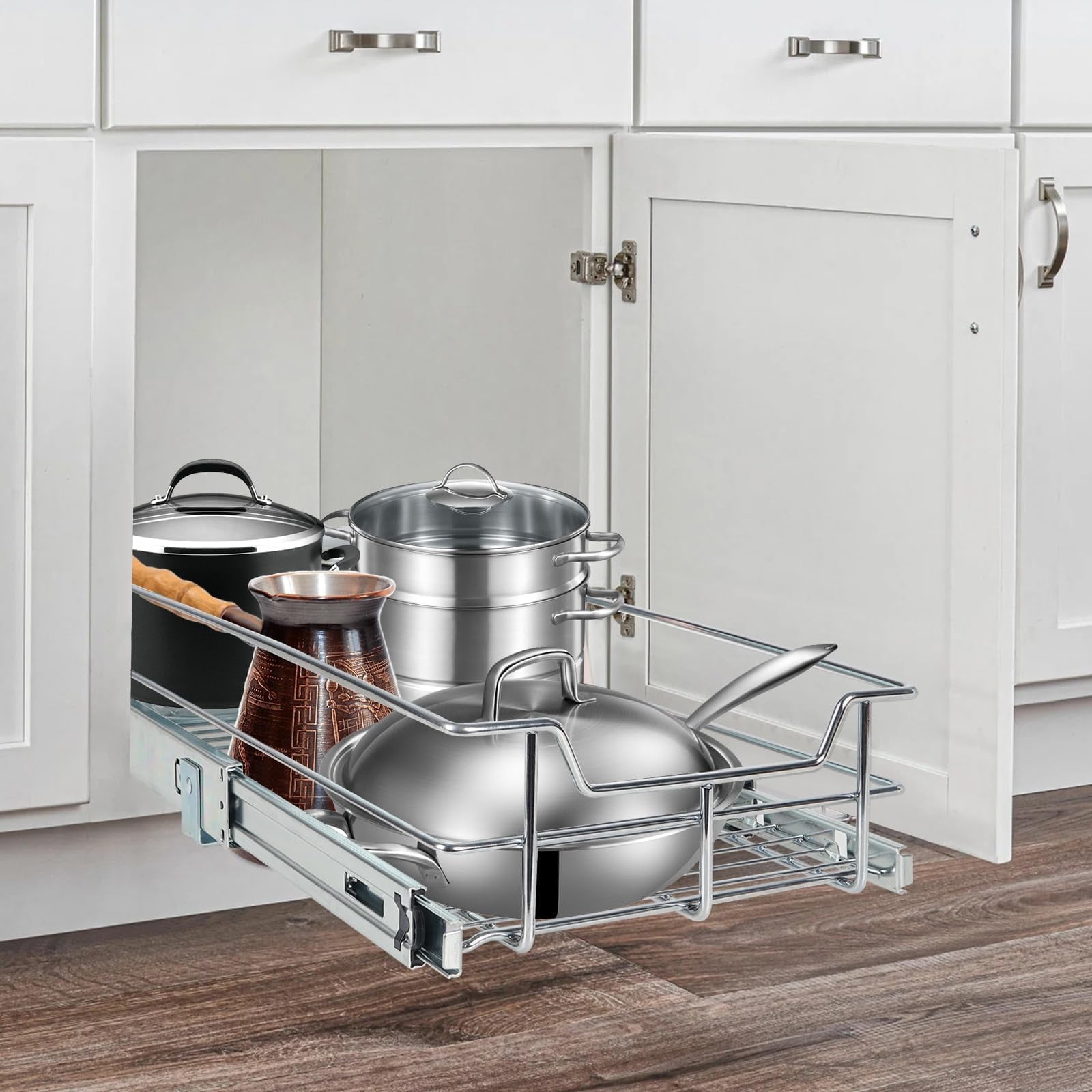 STORKING Heavy-Duty 14" W X 22" D Pull Out Cabinet Organizer, Chrome-Plated Slide Out Drawers for Kitchen Storage and Organizers, Pantry Caddy