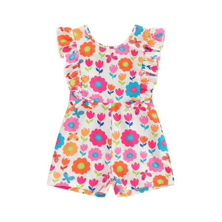 

Little Girl s Summer Casual Ruffled Flutter-Sleeve Jumpsuit Crewneck Romper Floral/Fruit Print Backless Playsuit