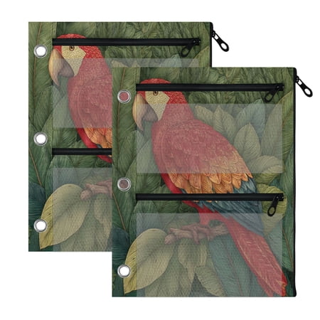 2 Pack 3-Ring Binder Pencil Pouch with Clear PVC Windows Colorful Red Parrot Large Capacity Stationery Bag for Classroom Office Supplies