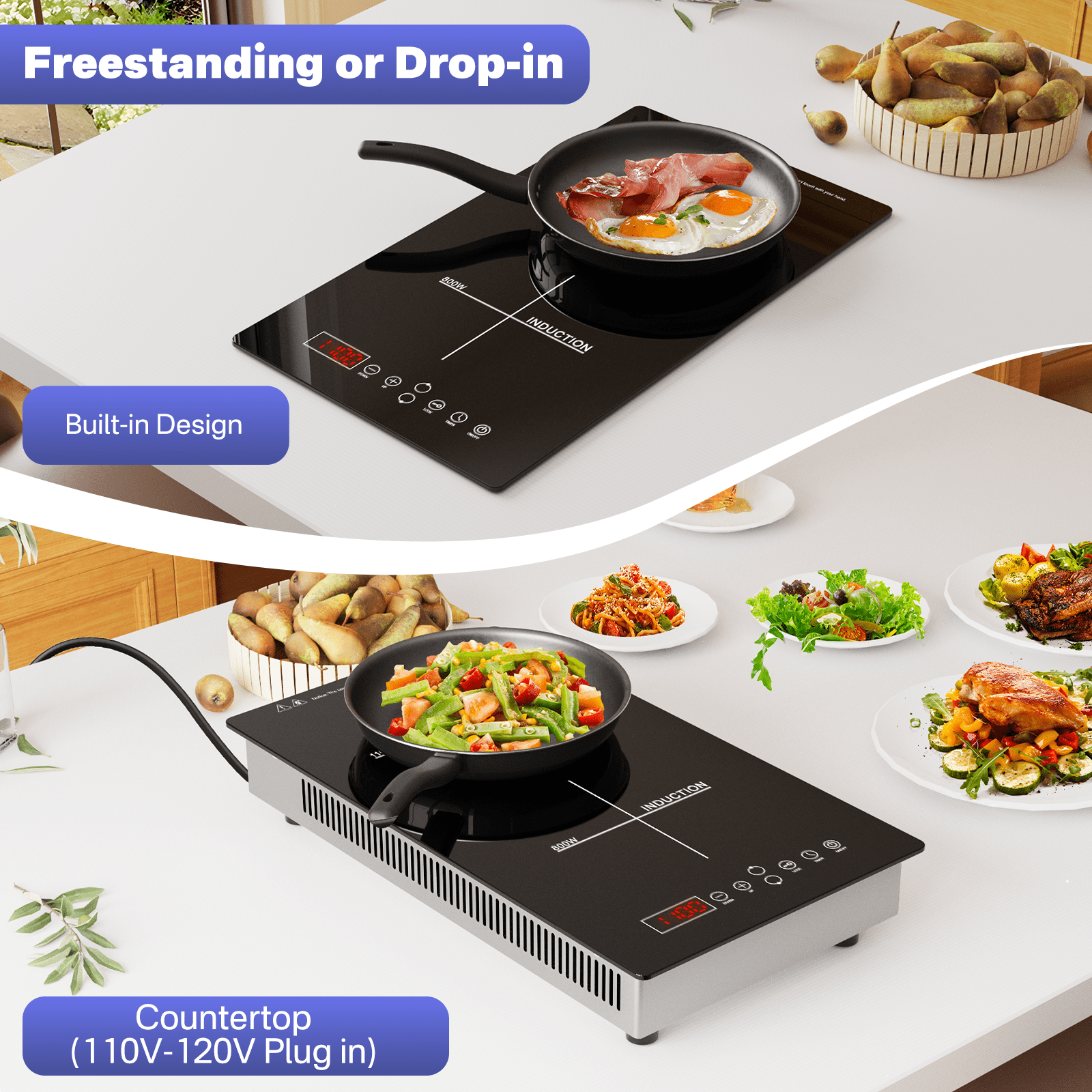 Graceall Double Burner Induction Cooktop Built in or Countertop, 1900W Kitchen Induction Cooktop for RV, Camping with Plug, Timer, Child Lock
