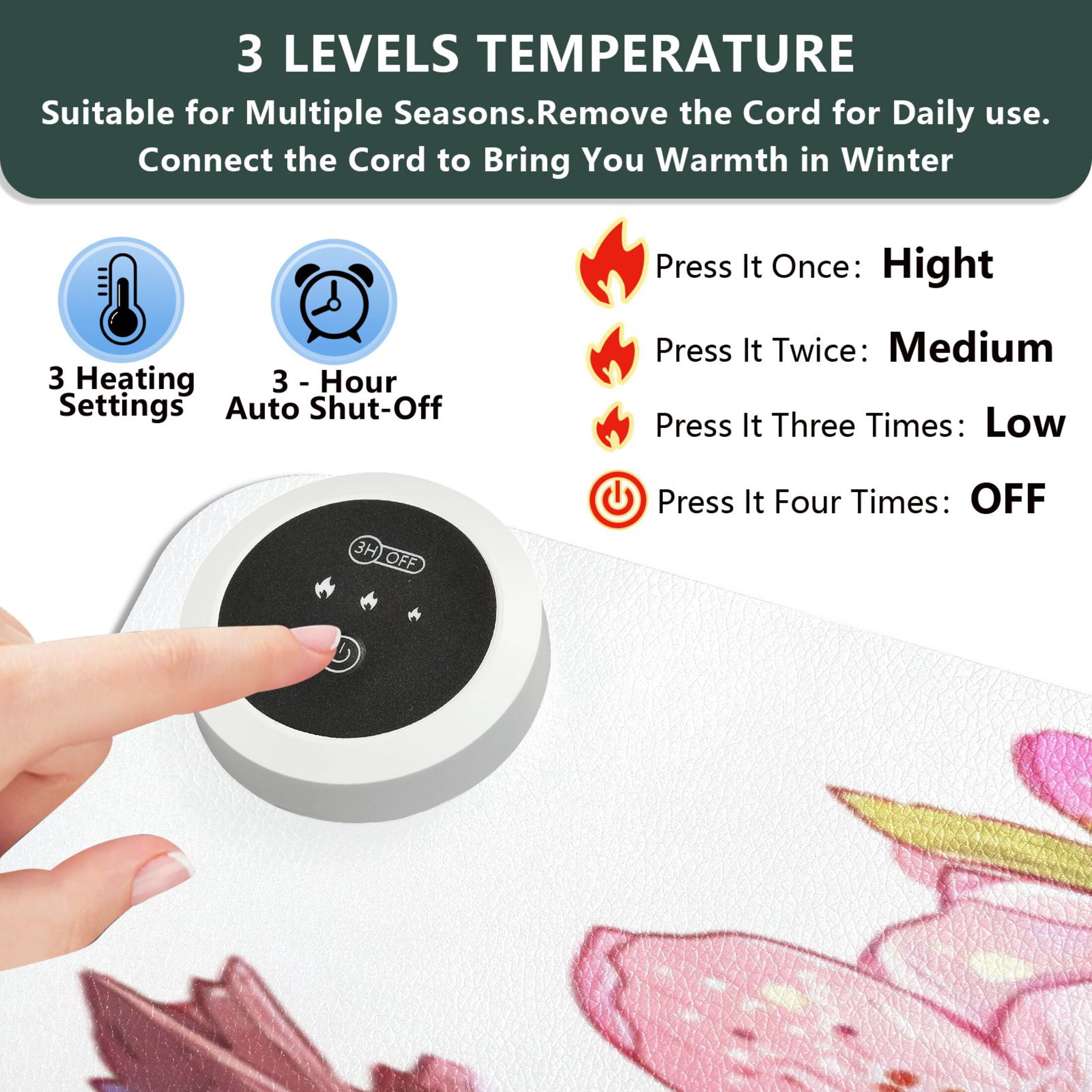 Large Heated Desk Mat Mouse Pad 31.5"x13"PU Leather Graphene Heating Desk Warmer with 3 Temperature Settings 110V US Plug Non-Slip Warm Pad for Home, Office, and Gaming Sloth in Cherry Blossoms