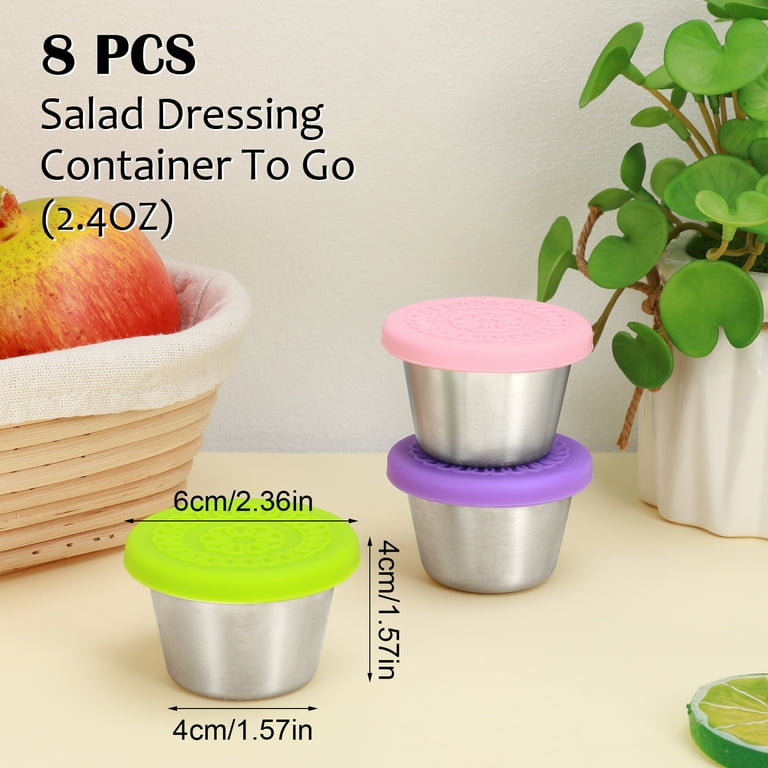 Bocaoying 8 Pack Salad Dressing Container To Go, 2.4 oz/70ml Reusable Small Condiment Containers with Lids, Leakproof Silicone Lids Stainless Steel