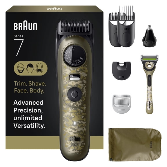 Braun All-in-One Series 7 Trimmer Kit, 40 Lengths, Lifetime Sharp Metal Blade, AIO 7550, Camouflage Green