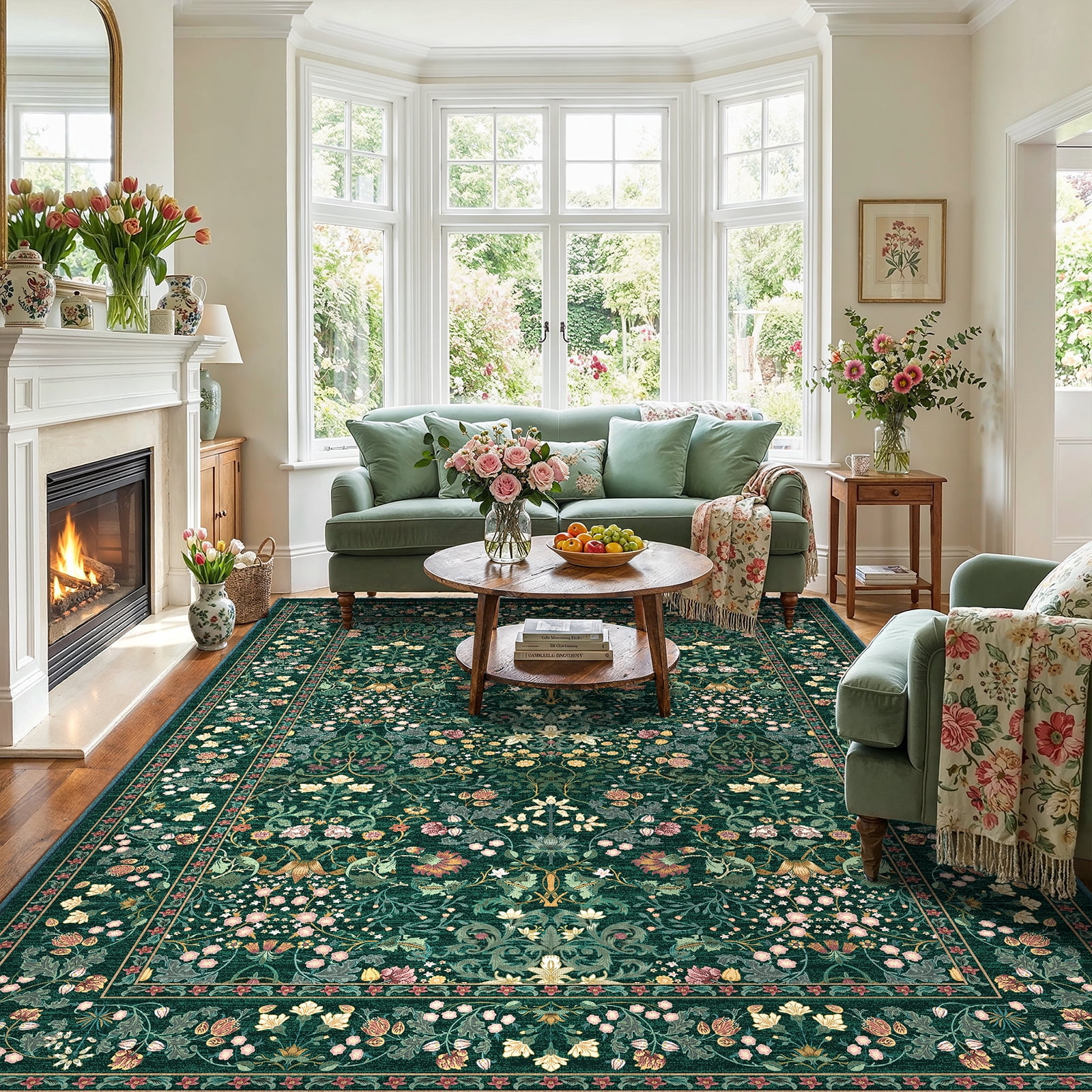 CHITOOMA 9'x12' Area Rugs for Living Room, Floral Washable Rug Boho Non-Slip Printed Carpet, Vintage Stain Resistant Indoor Rug for Bedroom Dining Room Home Office