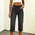 thumbnail image 5 of QIUOMBBP Woman's Straight Leg Denim Capris Elastic Waisted Drawstring Cropped Jeans with Pockets Solid Color Slim Bottoms Black L, 5 of 6