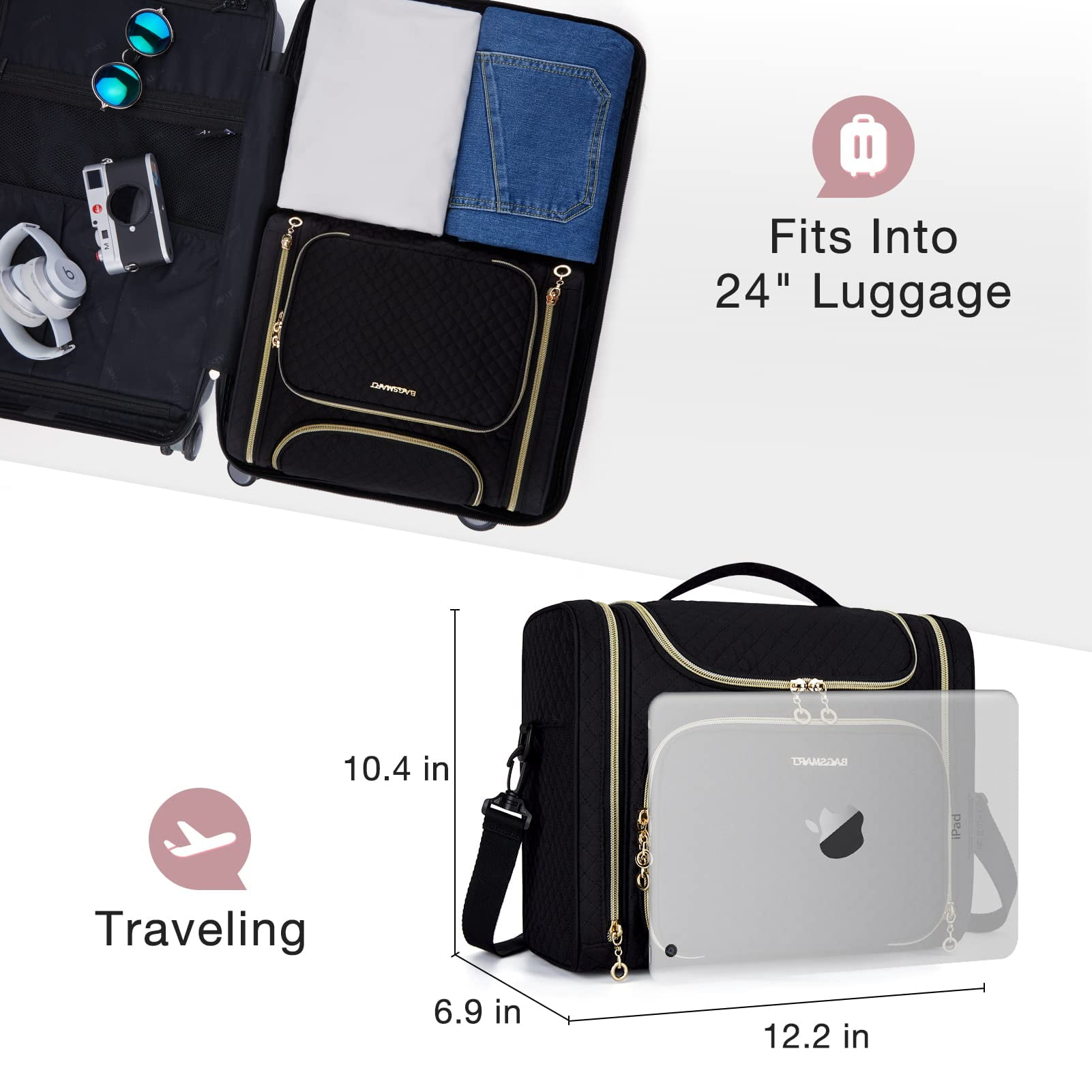 BAGSMART Extra Large Travel Toiletry Bag, Water-resistant Makeup Cosmetic Bag with Hanging Hook, Travel Toiletries Accessories Organizer Essentials, Full Sized Container, Black