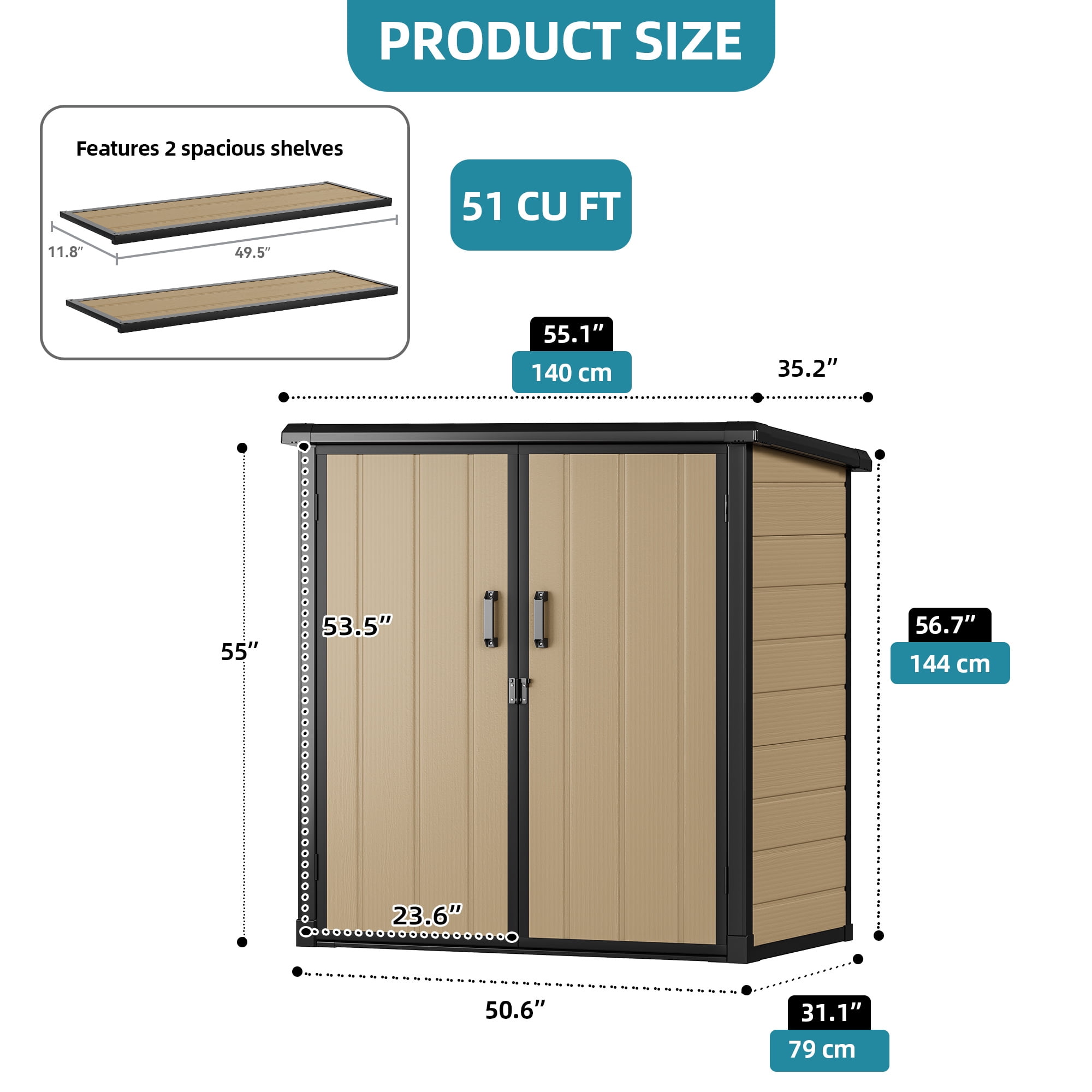 Uforic 54 Cu. Ft. Outdoor Vertical Storage Shed with 2 Shelves, 4.2x2.6x5 Ft, Includes Floor & Lockable Doors, Durable Double-Wall Plastic Cabinet for Trash Cans, Tools and Garden Equipment, Brown