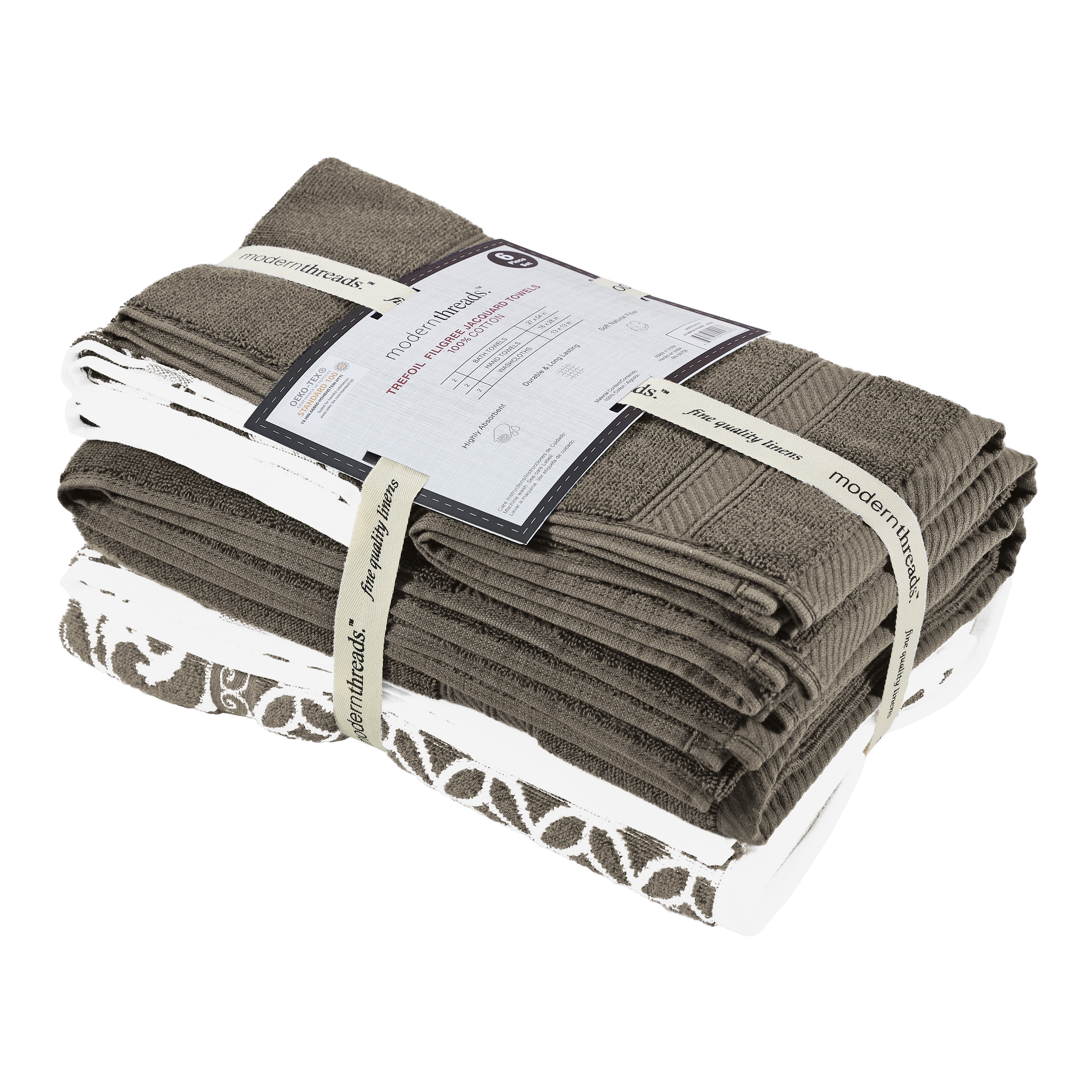Pacific Coast Textiles Trefoil Filigree 6-Piece Cotton Bath Towel Set, Mocha