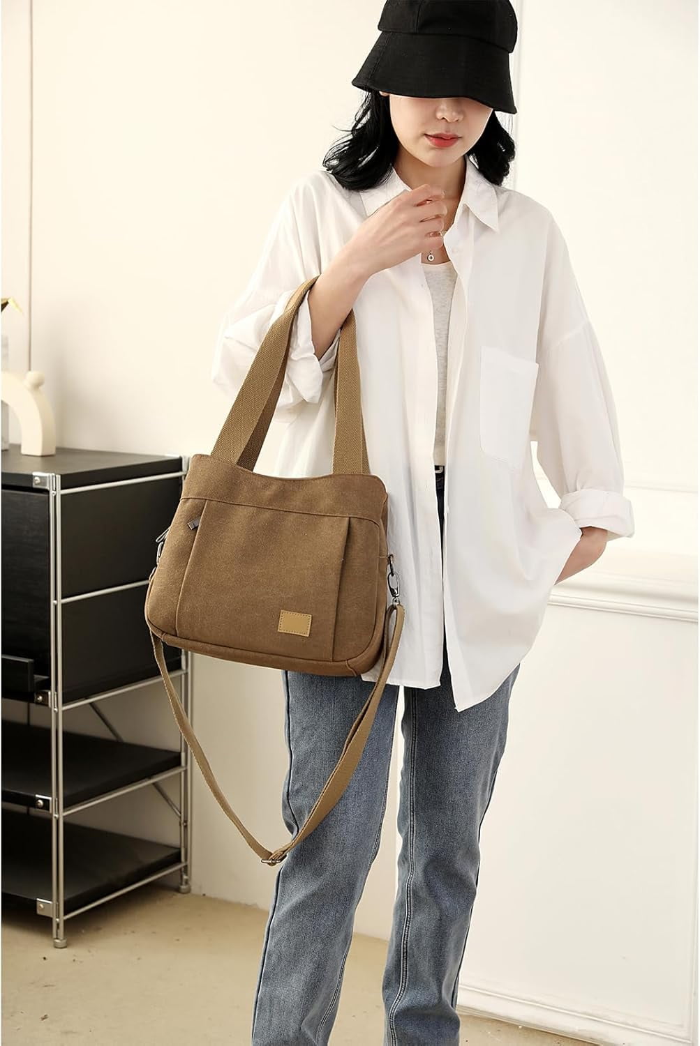 Heavy Duty Canvas Organized Hobo Bag for Women Daily Shoulder Crossbody Bag with 3 Compartment
