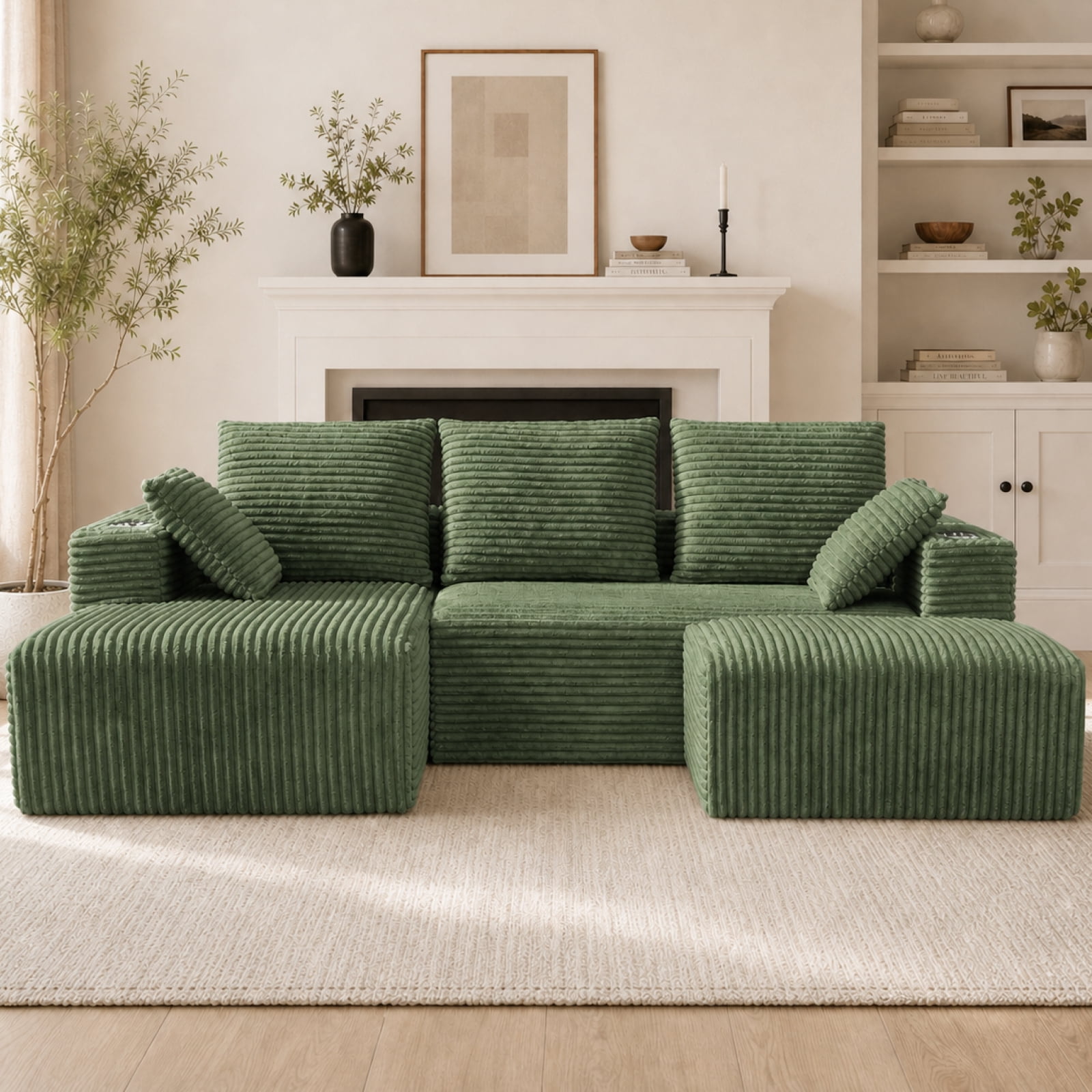 95'' 4 Seater Boneless L Shape Modular Sofa Couch with 4 Pillows, 2 Cup Holders and Ottoman