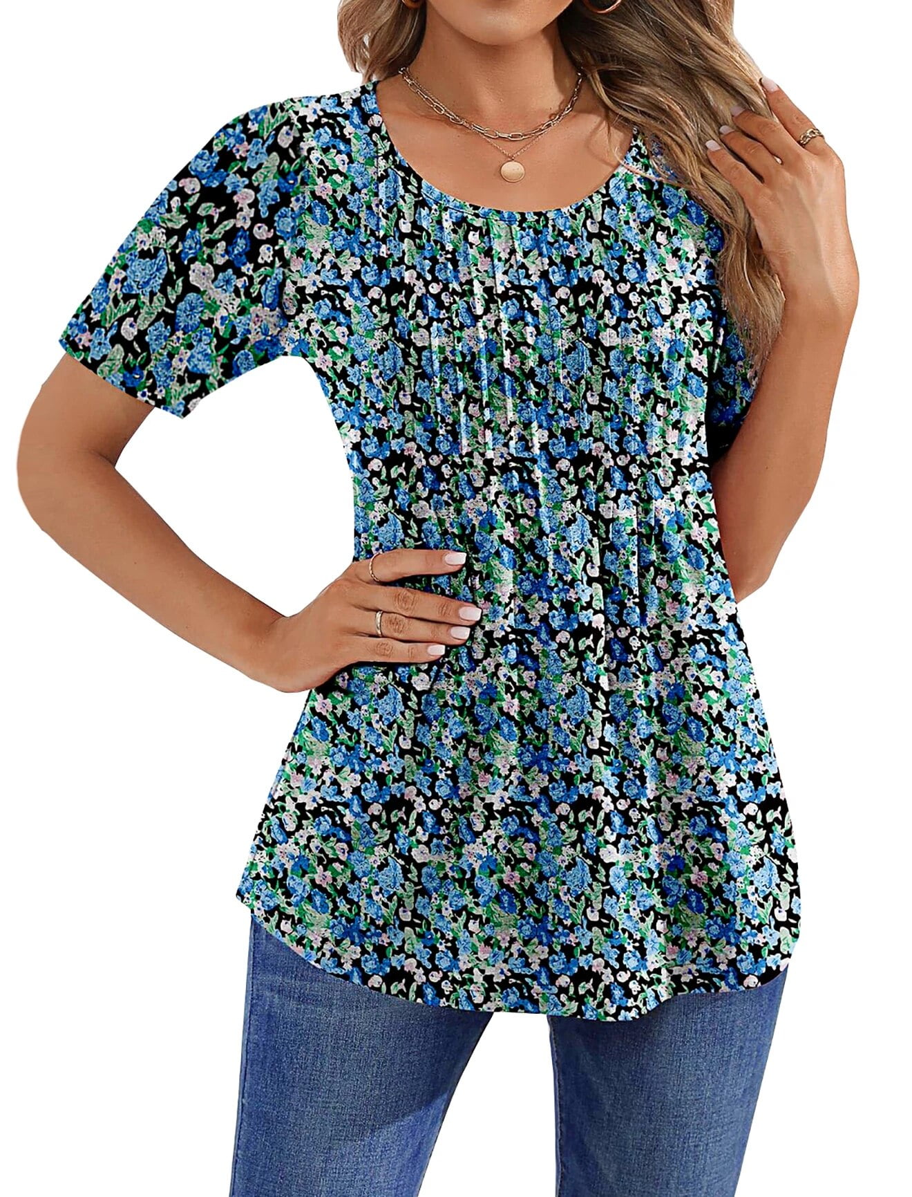 Fantaslook Blouses for Women Pleated Short Sleeve Tunic Tops Dressy Casual Summer Shirts