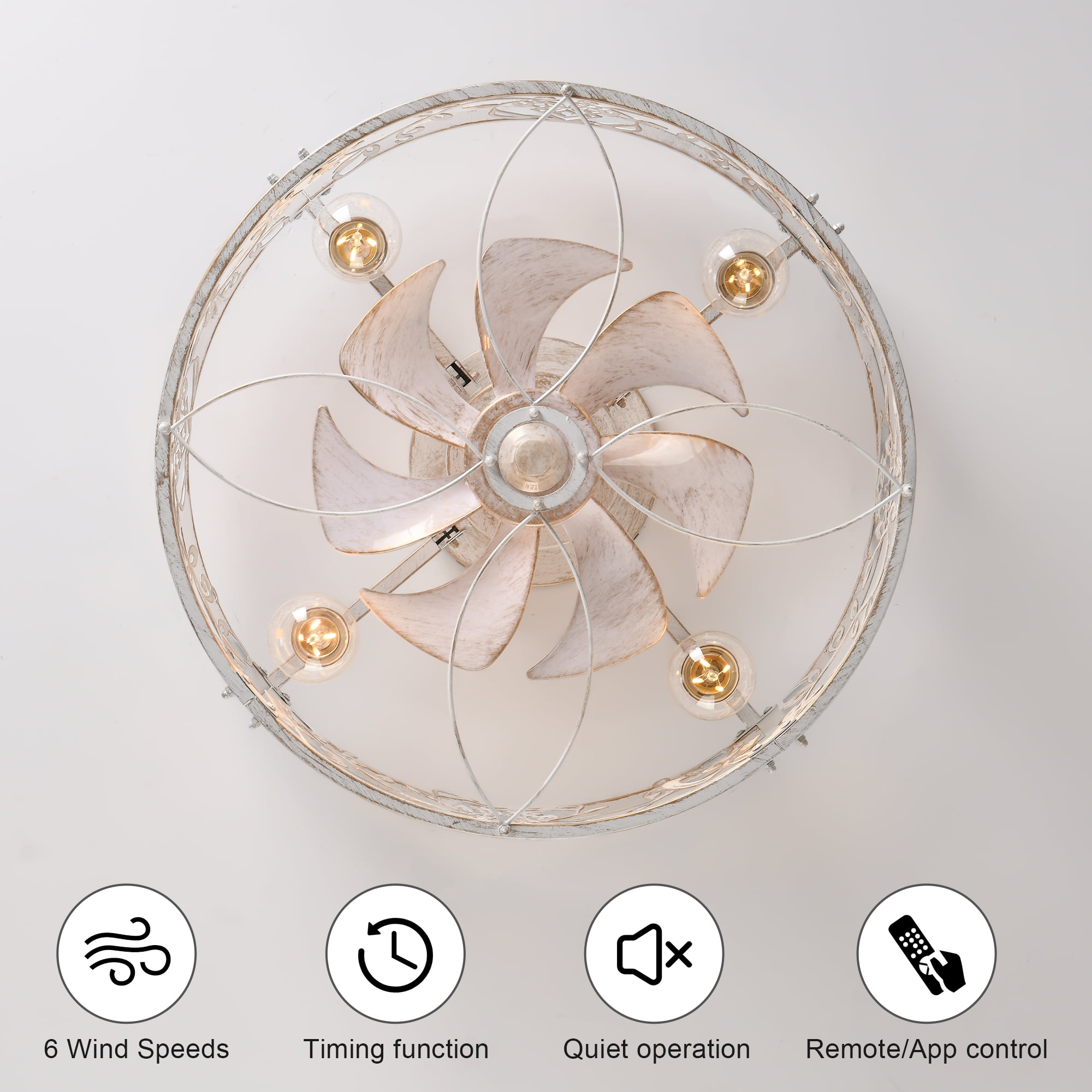 Garwarm 20in. Distressed White Caged Farmhouse Ceiling Fan with Lights and Remote, 6-Speed Reversible Low Profile Flush Mount Ceiling Fan, Industrial Enclosed for Bedroom, Kitchen